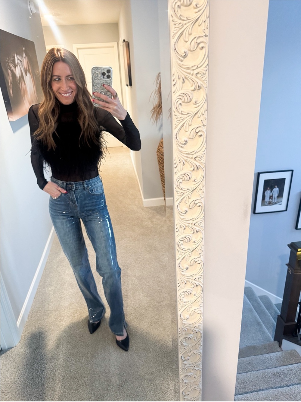 Fashion Nova Blue Sequin Straight Leg Jeans